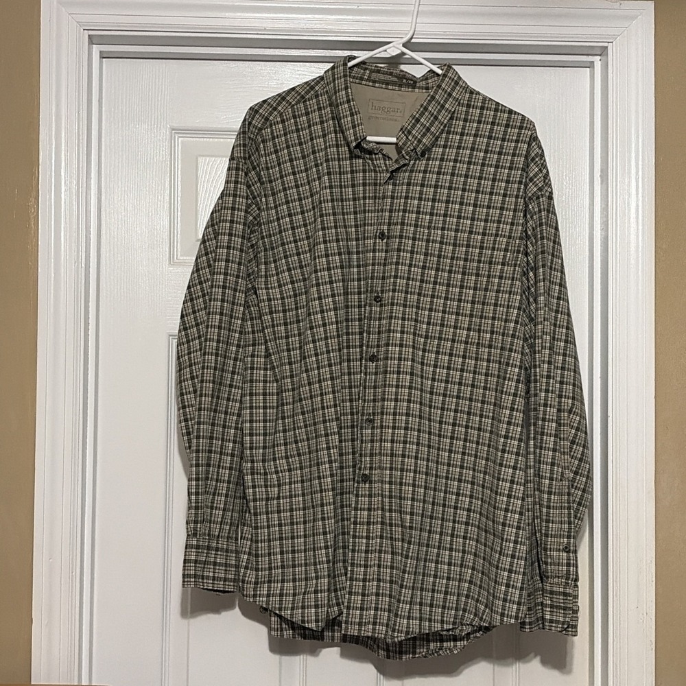 Haggar Men's Button Up Shirt Size XL, Tan Green Men's Collared Shirts